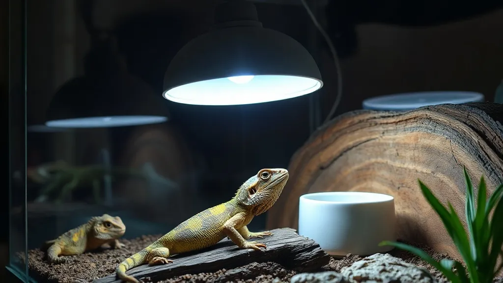 Terrário de réptil com lâmpada cerâmica de aquecimento sobre tela de proteção e área de basking iluminada