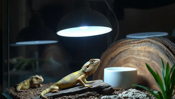 Terrário de réptil com lâmpada cerâmica de aquecimento sobre tela de proteção e área de basking iluminada