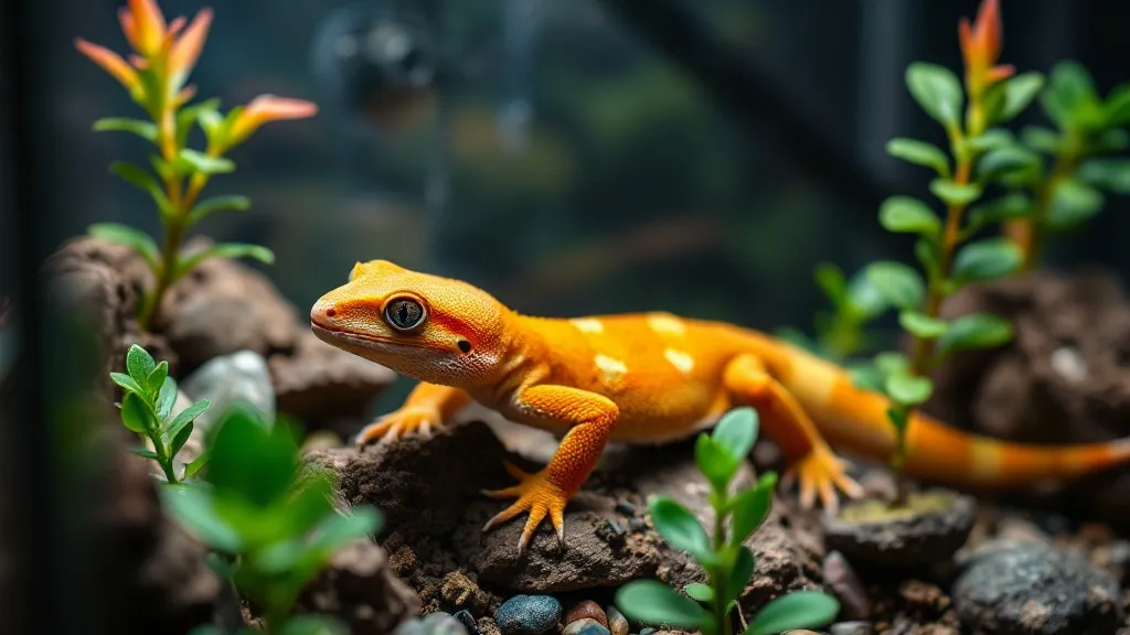Gecko-de-crista Correlophus ciliatus laranja em galho dentro de viveiro arborícola com plantas e névoa