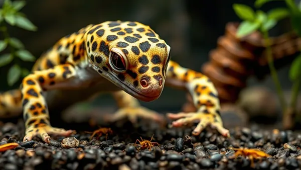 Gecko-leopardo Eublepharis macularius olhando para grilo dentro de terrário com substrato de areia fina e esconderijo