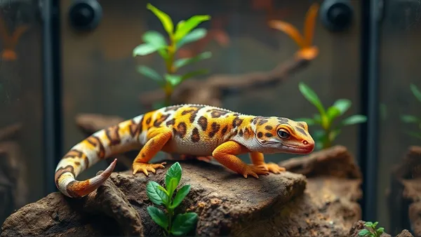 Gecko leopardo em substrato de terrário, cauda gorda intacta, close no corpo do animal