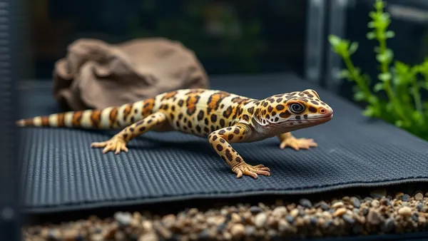 Gecko leopardo em perfil sobre substrato dentro de terrário com gradiente de aquecimento
