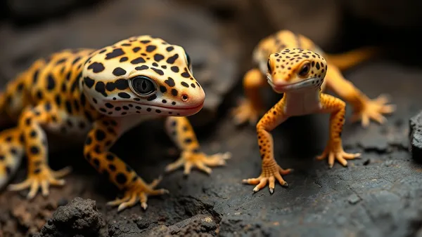 Gecko leopardo amarelo com manchas pretas ao lado de gecko de crista verde com cristas laterais visíveis, sobre fundo escuro neutro