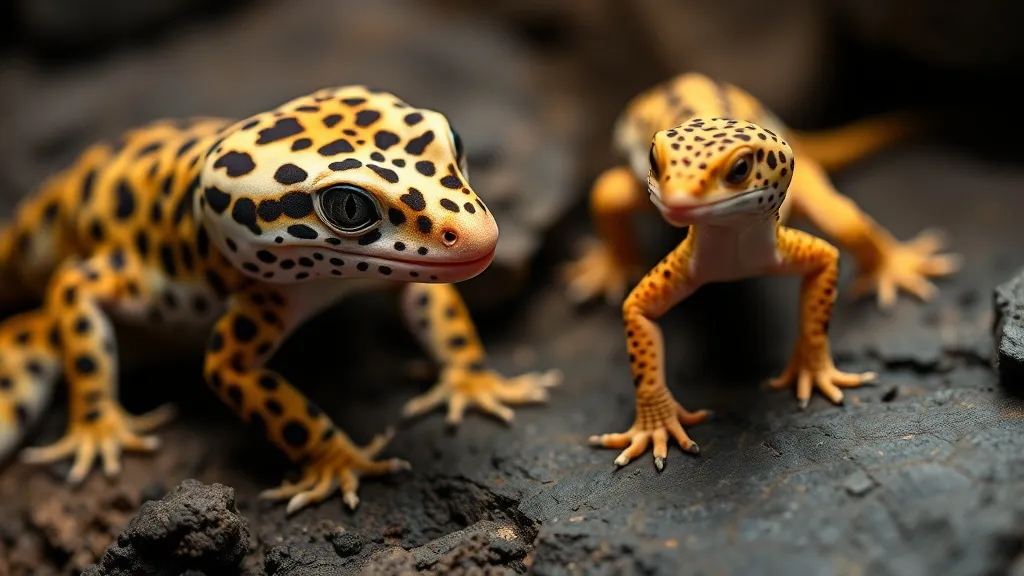 Gecko leopardo amarelo com manchas pretas ao lado de gecko de crista verde com cristas laterais visíveis, sobre fundo escuro neutro