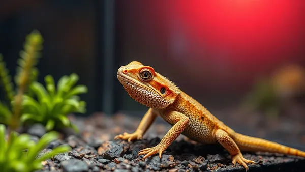 Terrário de réptil dividido em zona quente iluminada e zona fria sombreada, ilustrando o gradiente térmico
