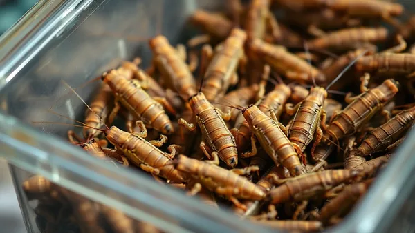 Grilos vivos dentro de recipiente plástico com pedaços de cenoura e folhas servindo de alimento antes de virar comida de réptil