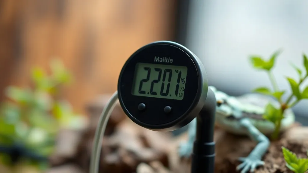 Termômetro e higrômetro digital com sonda dentro de terrário de réptil mostrando temperatura e umidade