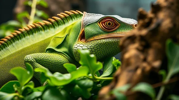 Iguana verde adulta comendo folhas verdes escuras dentro de terrário iluminado