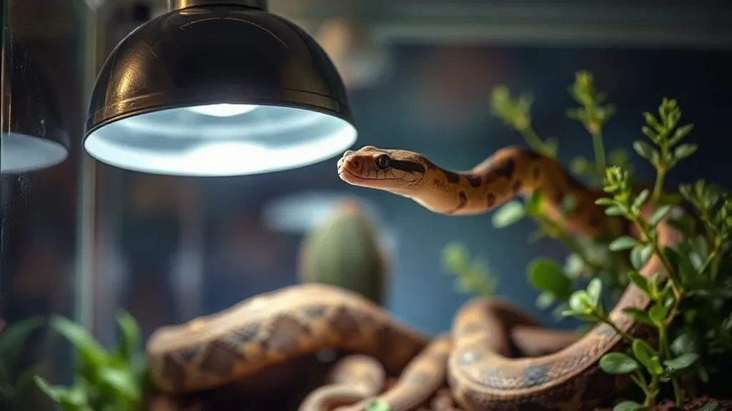 Terrário de serpente com lâmpada de calor acesa sobre ponto de basking, ambiente aquecido