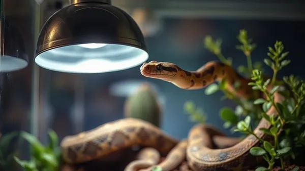 Terrário de serpente com lâmpada de calor acesa sobre ponto de basking, ambiente aquecido