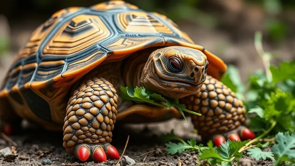Jabuti piranga adulto comendo folhas verdes em terrário com substrato naturístico