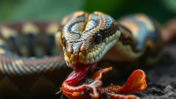 Jiboia adulta em terrário com substrato escuro, corpo enrolado em espiral, iluminação quente lateral
