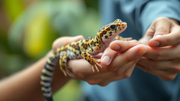 Mão humana segurando com calma um gecko leopardo sobre a palma aberta, em movimento de aclimatação