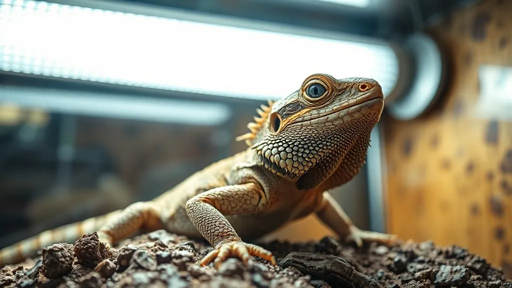 Dragão barbudo Pogona vitticeps tomando sol sob lâmpada UVB linear dentro de terrário de vidro