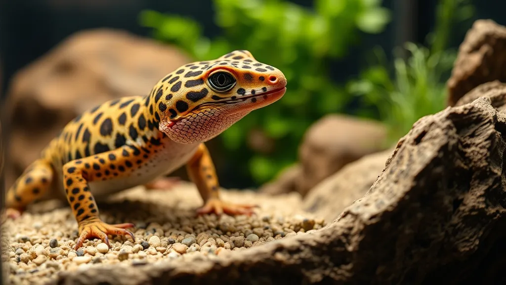 Gecko leopardo e dragão barbudo em terrário iluminado com lâmpada UVB — representando as opções mais comuns para tutores iniciantes de répteis