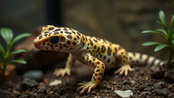 Gecko leopardo trocando de pele dentro de terrário úmido, com resto de muda aderida ao dorso