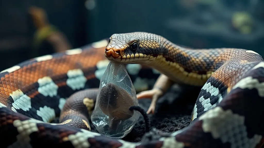 Serpente dentro de terrário ao lado de presa descongelada sobre substrato natural