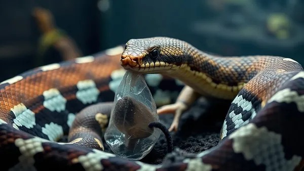 Serpente dentro de terrário ao lado de presa descongelada sobre substrato natural