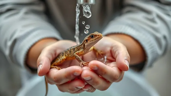 Mãos segurando um gecko sob água corrente de torneira, gesto de lavar as mãos após manusear o réptil