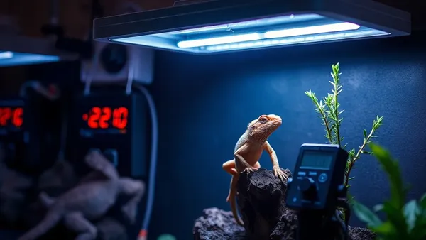 Terrário de réptil com lâmpada de aquecimento conectada a controlador de temperatura digital sobre bancada