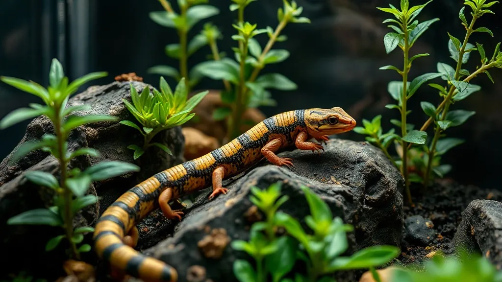 Terrário bioativo com camadas de substrato, musgo, plantas vivas e folhiço para réptil