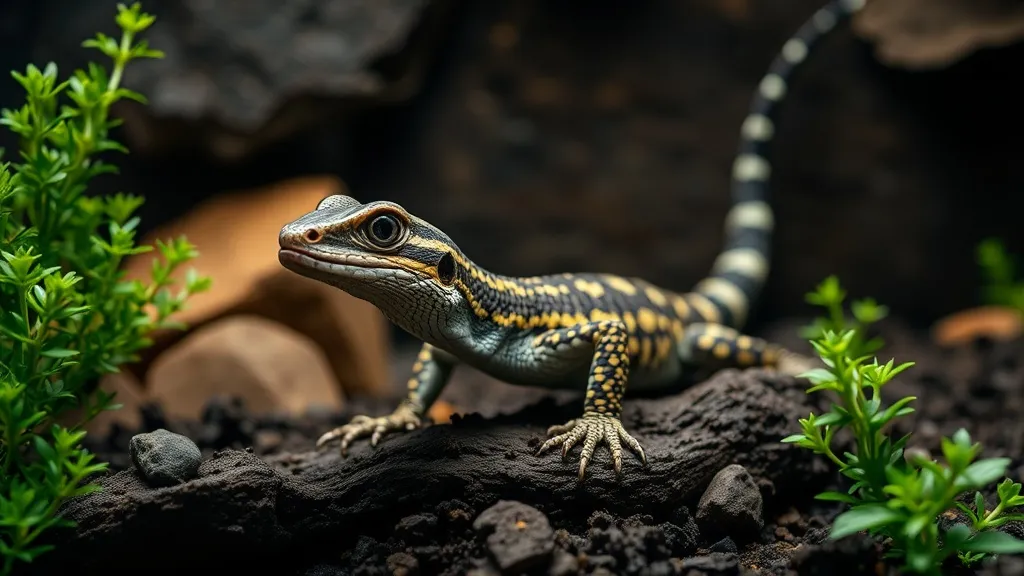 Tiliqua scincoides (skink-de-língua-azul) em terrário com substrato de folhas secas e tronco para escalar