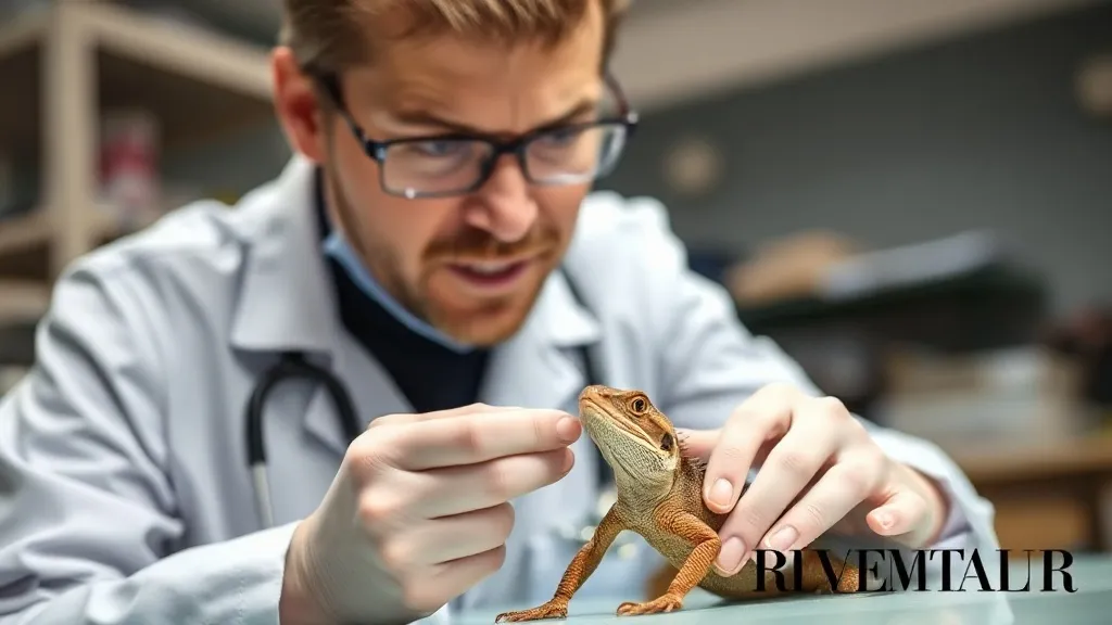 Veterinário examinando um réptil de estimação sobre a mesa de exame de uma clínica
