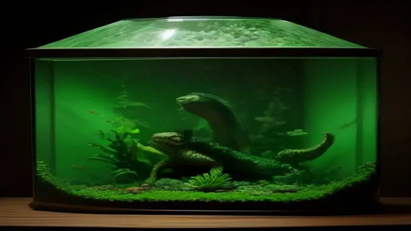Terrário de réptil com lâmpada de aquecimento e termostato programado, ambiente vazio